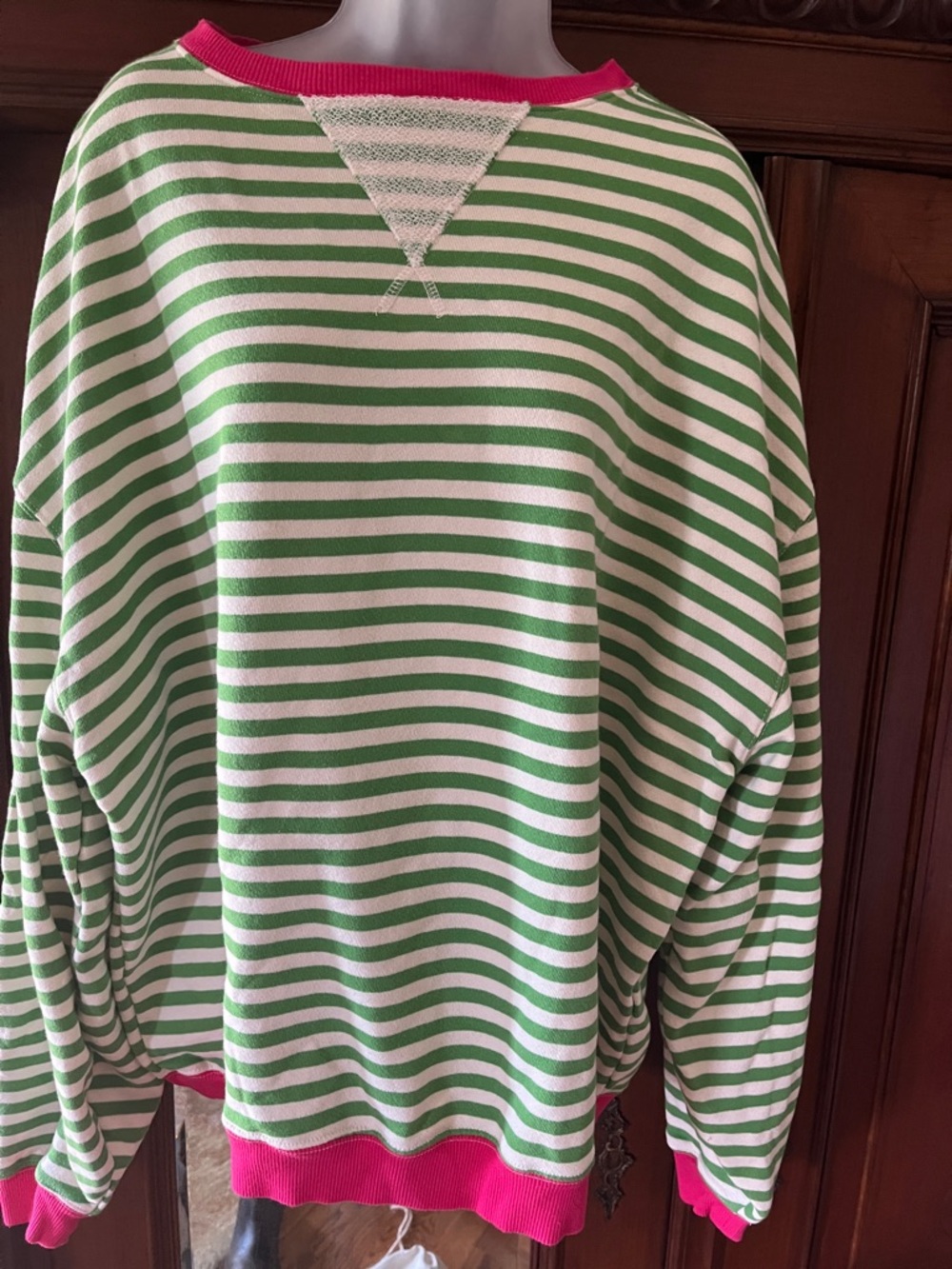 We The Free Green & White Striped Pullover with Pink Trim sweatshirt